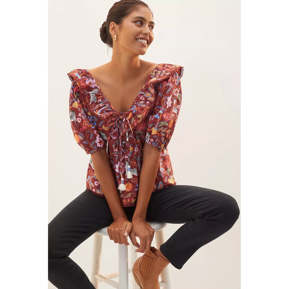 Anthropologie Maeve Ruffled Tie-Front Blouse top Size XL floral zebra whimsical